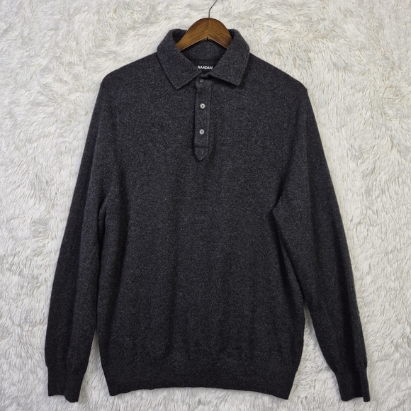 Naadam 100% Cashmere Charcoal Gray Long Sleeve Polo Mens L Quiet Luxury